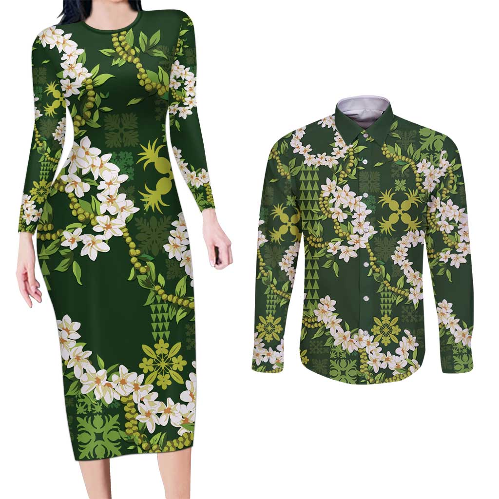 Mokihana Maile and Ilima Leis Couples Matching Long Sleeve Bodycon Dress and Long Sleeve Button Shirt Omaʻomaʻo Hawaiian Tapa Quilt Pattern - Polynesian Pride