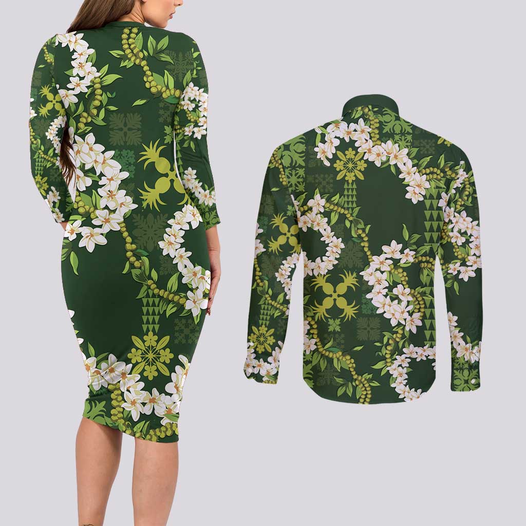 Mokihana Maile and Ilima Leis Couples Matching Long Sleeve Bodycon Dress and Long Sleeve Button Shirt Omaʻomaʻo Hawaiian Tapa Quilt Pattern - Polynesian Pride