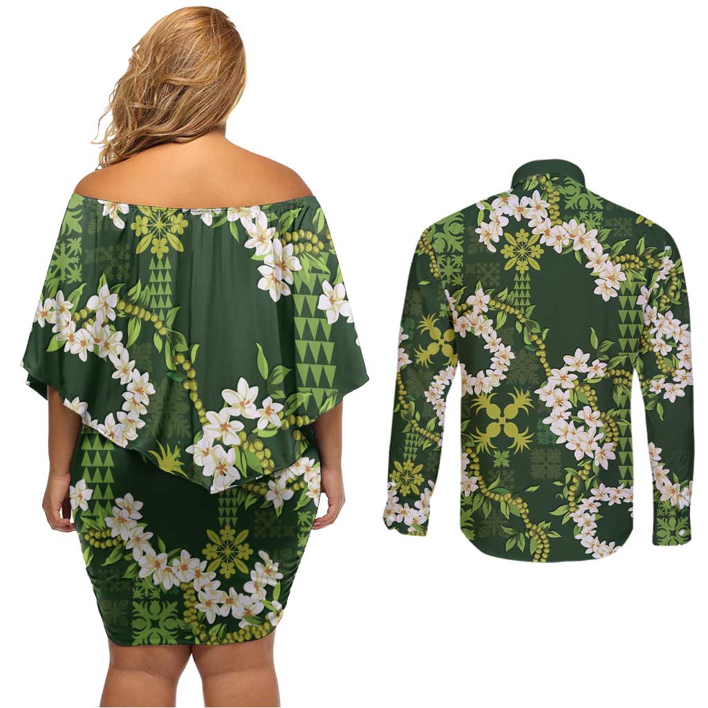 Mokihana Maile and Ilima Leis Couples Matching Off Shoulder Short Dress and Long Sleeve Button Shirt Omaʻomaʻo Hawaiian Tapa Quilt Pattern - Polynesian Pride