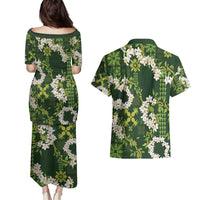 Mokihana Maile and Ilima Leis Couples Matching Puletasi and Hawaiian Shirt Omaʻomaʻo Hawaiian Tapa Quilt Pattern - Polynesian Pride