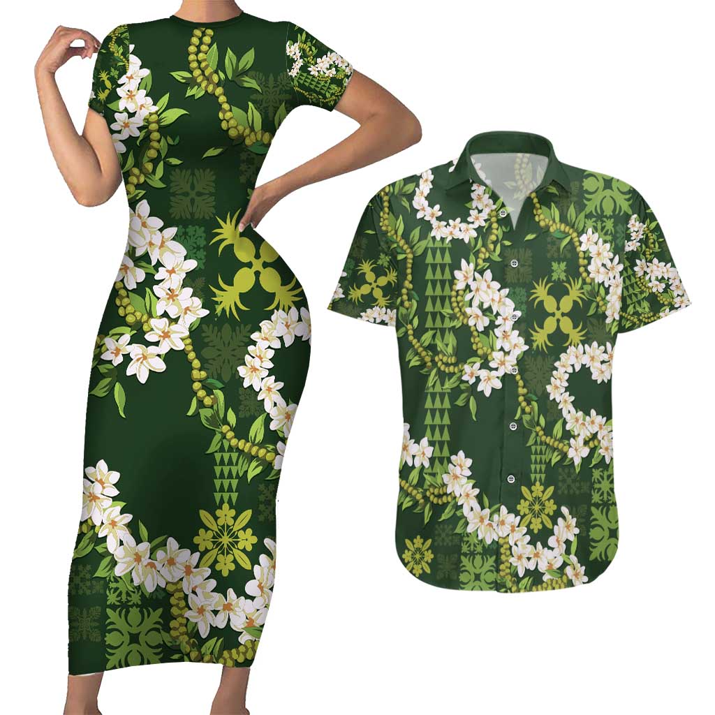 Mokihana Maile and Ilima Leis Couples Matching Short Sleeve Bodycon Dress and Hawaiian Shirt Omaʻomaʻo Hawaiian Tapa Quilt Pattern - Polynesian Pride