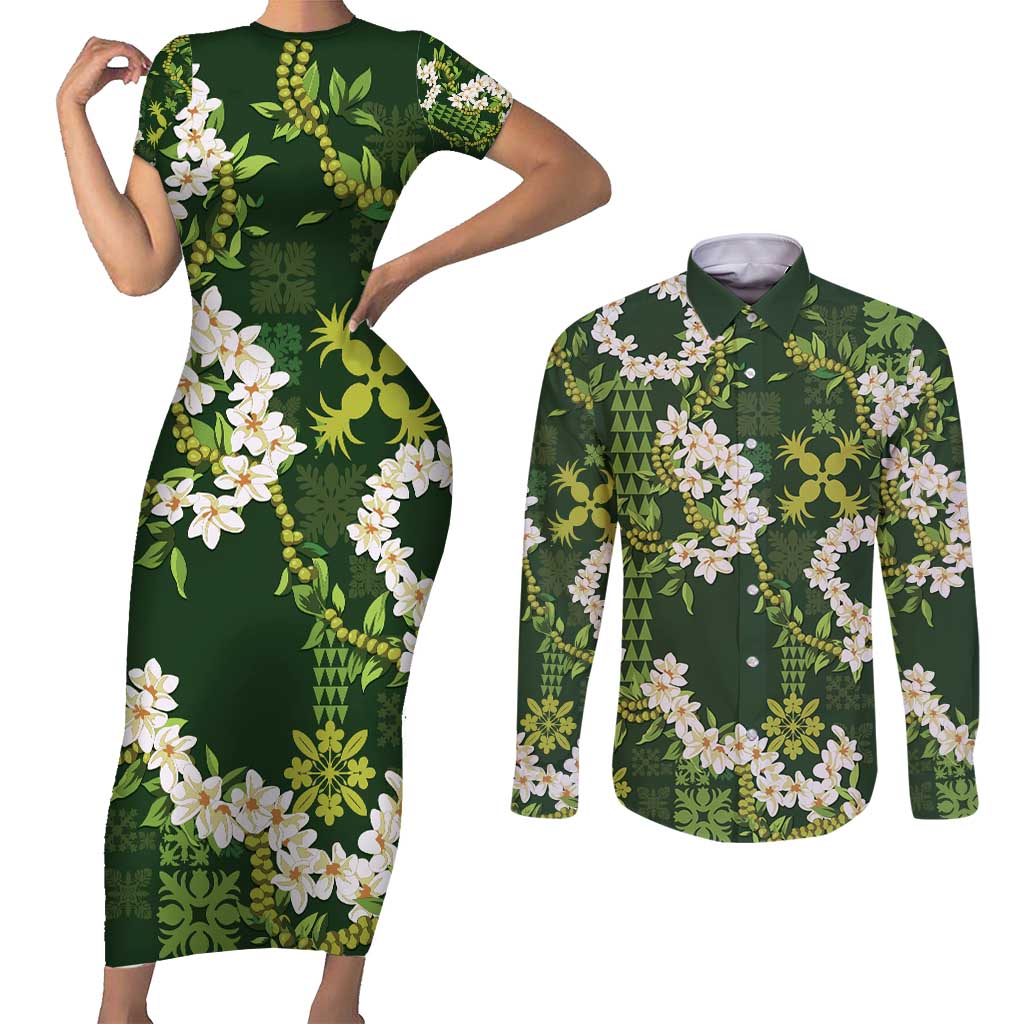 Mokihana Maile and Ilima Leis Couples Matching Short Sleeve Bodycon Dress and Long Sleeve Button Shirt Omaʻomaʻo Hawaiian Tapa Quilt Pattern - Polynesian Pride