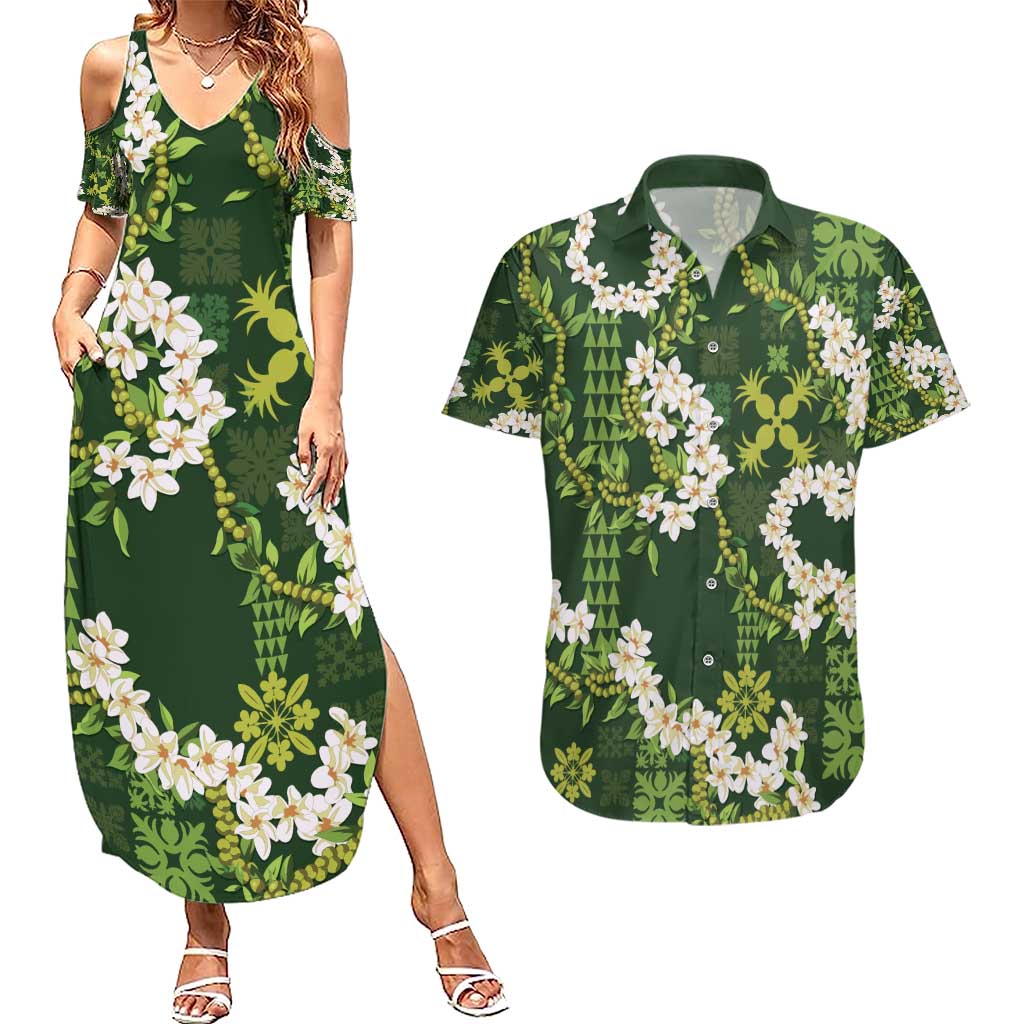 Mokihana Maile and Ilima Leis Couples Matching Summer Maxi Dress and Hawaiian Shirt Omaʻomaʻo Hawaiian Tapa Quilt Pattern - Polynesian Pride