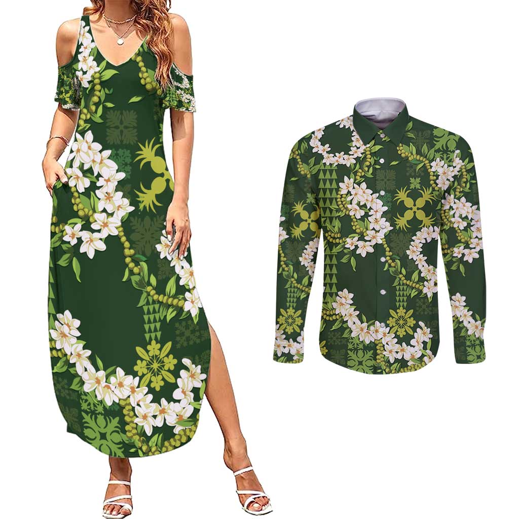Mokihana Maile and Ilima Leis Couples Matching Summer Maxi Dress and Long Sleeve Button Shirt Omaʻomaʻo Hawaiian Tapa Quilt Pattern - Polynesian Pride