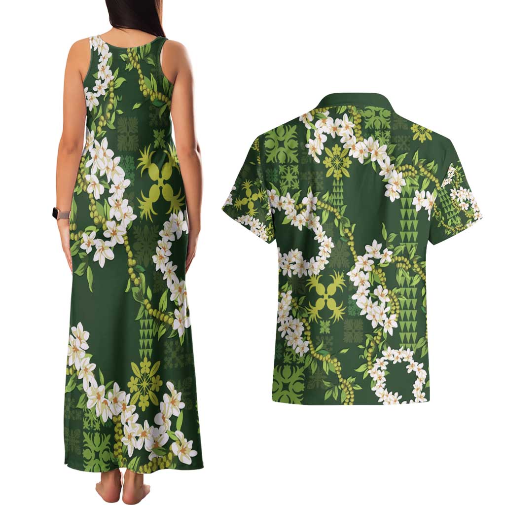Mokihana Maile and Ilima Leis Couples Matching Tank Maxi Dress and Hawaiian Shirt Omaʻomaʻo Hawaiian Tapa Quilt Pattern - Polynesian Pride