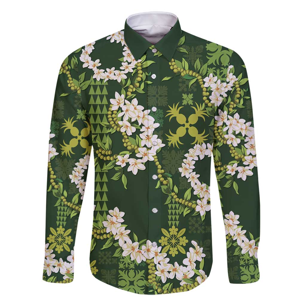 Mokihana Maile and Ilima Leis Family Matching Long Sleeve Bodycon Dress and Hawaiian Shirt Omaʻomaʻo Hawaiian Tapa Quilt Pattern - Polynesian Pride