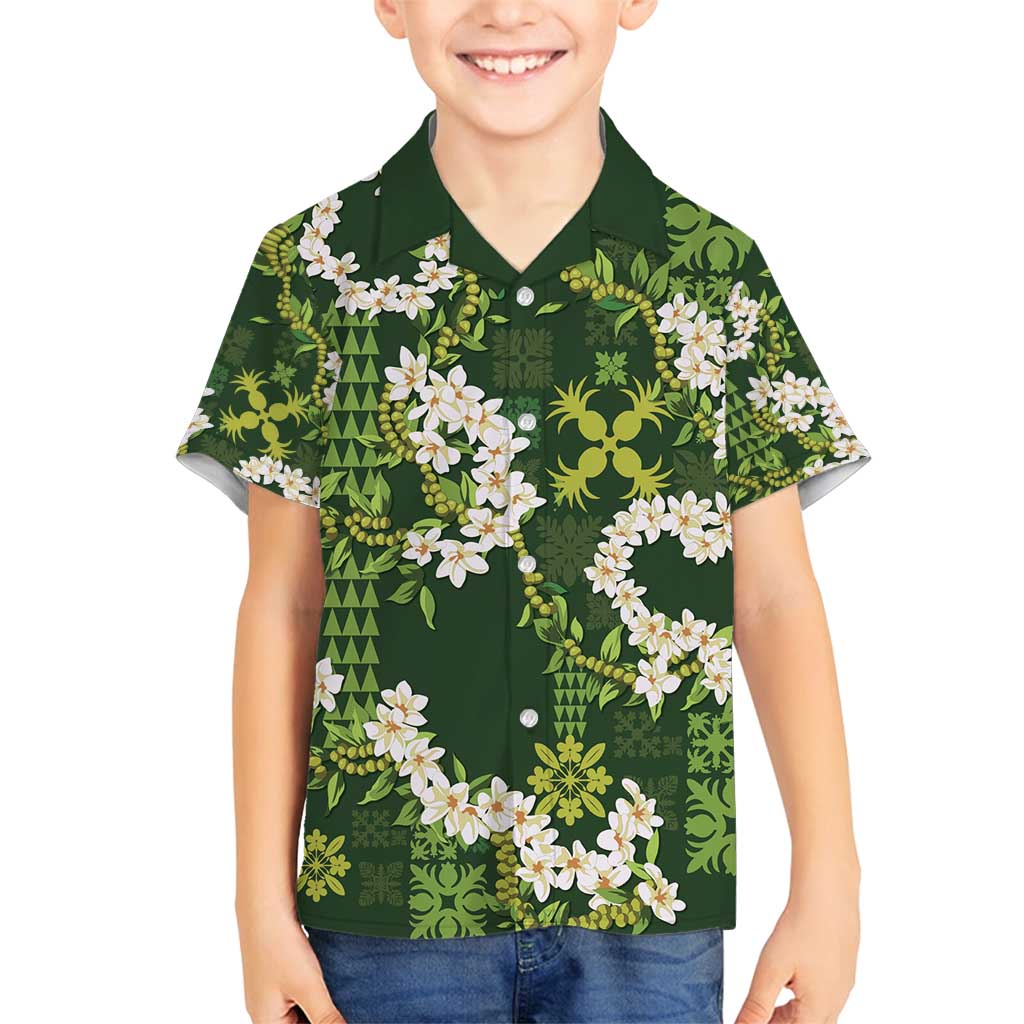 Mokihana Maile and Ilima Leis Family Matching Long Sleeve Bodycon Dress and Hawaiian Shirt Omaʻomaʻo Hawaiian Tapa Quilt Pattern - Polynesian Pride