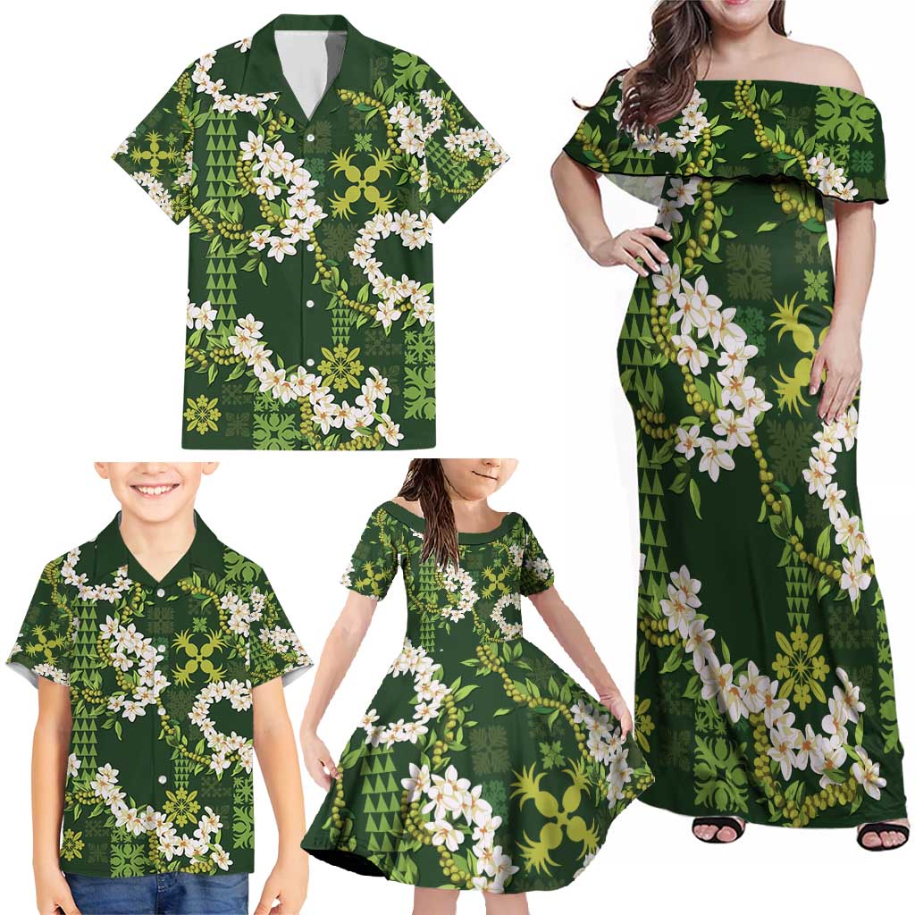 Mokihana Maile and Ilima Leis Family Matching Off Shoulder Maxi Dress and Hawaiian Shirt Omaʻomaʻo Hawaiian Tapa Quilt Pattern - Polynesian Pride