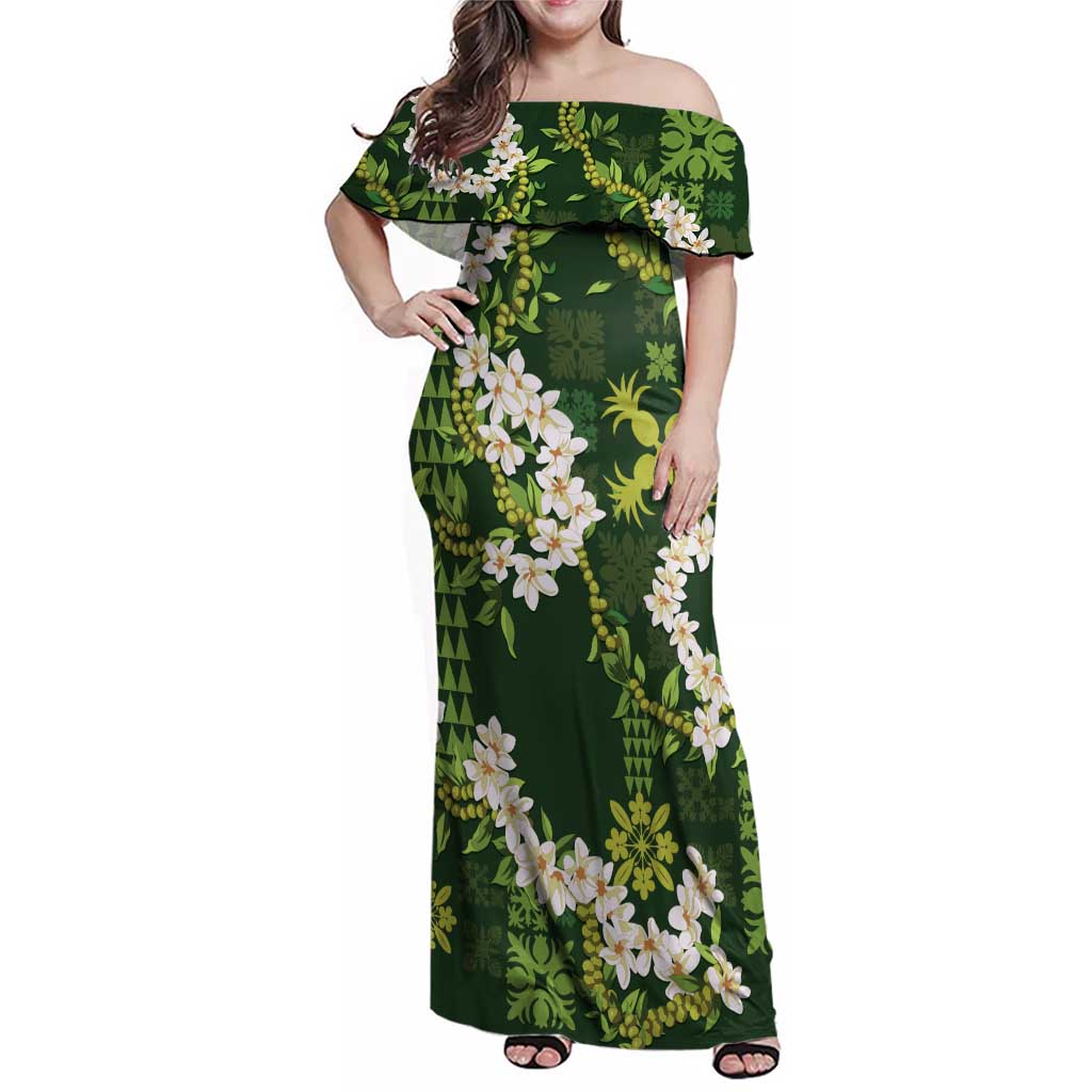Mokihana Maile and Ilima Leis Family Matching Off Shoulder Maxi Dress and Hawaiian Shirt Omaʻomaʻo Hawaiian Tapa Quilt Pattern - Polynesian Pride