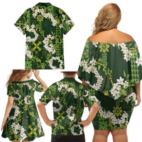 Mokihana Maile and Ilima Leis Family Matching Off Shoulder Short Dress and Hawaiian Shirt Omaʻomaʻo Hawaiian Tapa Quilt Pattern - Polynesian Pride