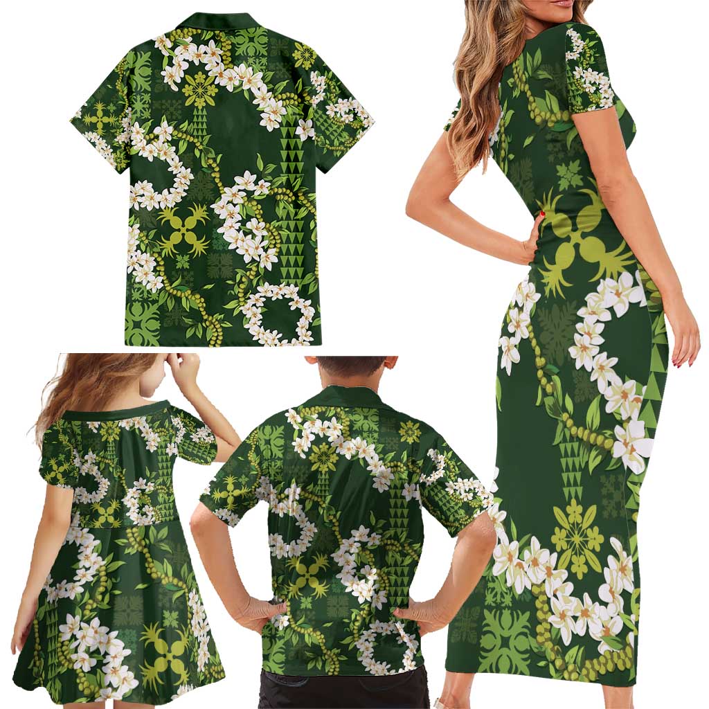 Mokihana Maile and Ilima Leis Family Matching Short Sleeve Bodycon Dress and Hawaiian Shirt Omaʻomaʻo Hawaiian Tapa Quilt Pattern - Polynesian Pride