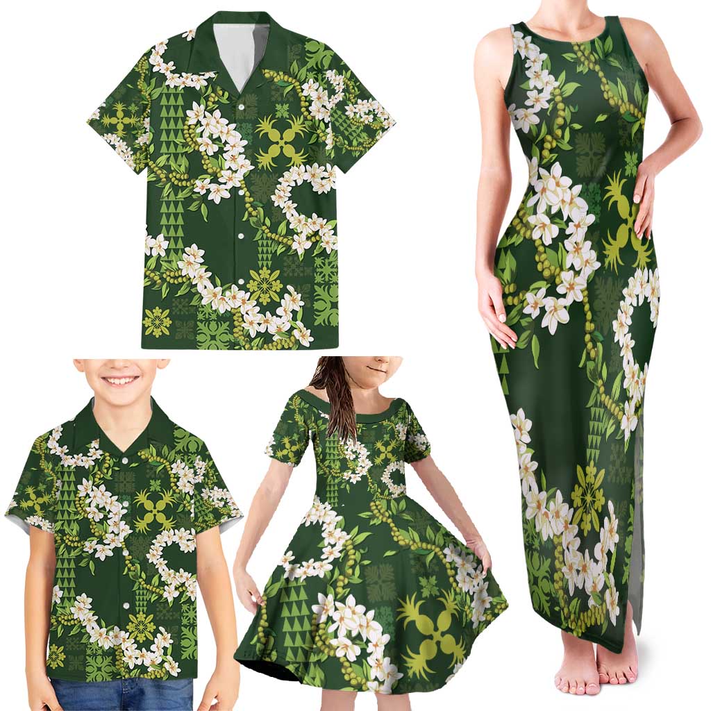 Mokihana Maile and Ilima Leis Family Matching Tank Maxi Dress and Hawaiian Shirt Omaʻomaʻo Hawaiian Tapa Quilt Pattern - Polynesian Pride