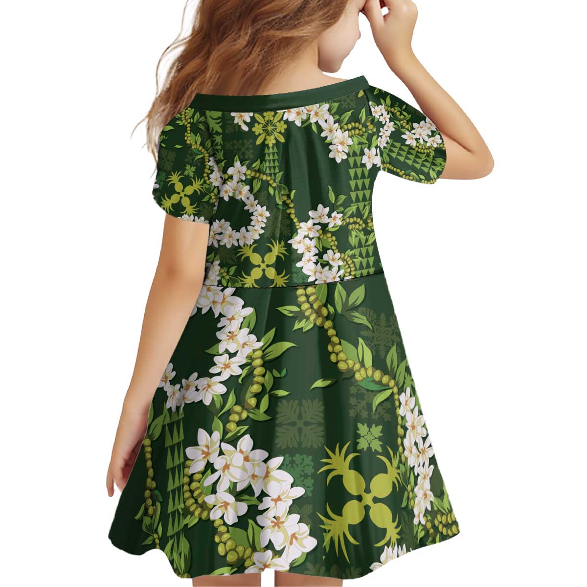 Mokihana Maile and Ilima Leis Kid Short Sleeve Dress Omaʻomaʻo Hawaiian Tapa Quilt Pattern - Polynesian Pride