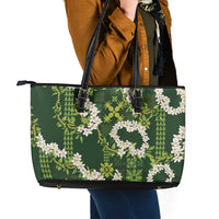 Mokihana Maile and Ilima Leis Leather Tote Bag Omaʻomaʻo Hawaiian Tapa Quilt Pattern - Polynesian Pride