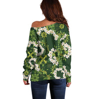 Mokihana Maile and Ilima Leis Off Shoulder Sweater Omaʻomaʻo Hawaiian Tapa Quilt Pattern - Polynesian Pride