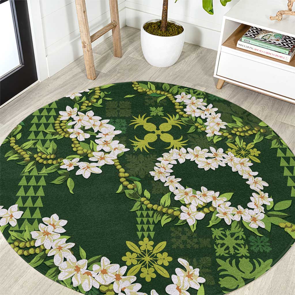 Mokihana Maile and Ilima Leis Round Carpet Omaʻomaʻo Hawaiian Tapa Quilt Pattern - Polynesian Pride