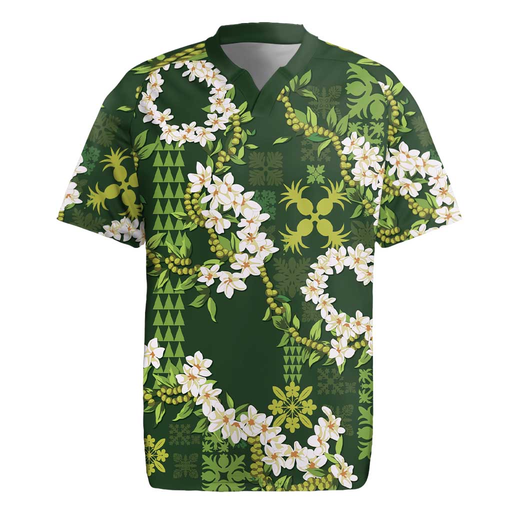Mokihana Maile and Ilima Leis Rugby Jersey Omaʻomaʻo Hawaiian Tapa Quilt Pattern LT9 Green - Polynesian Pride