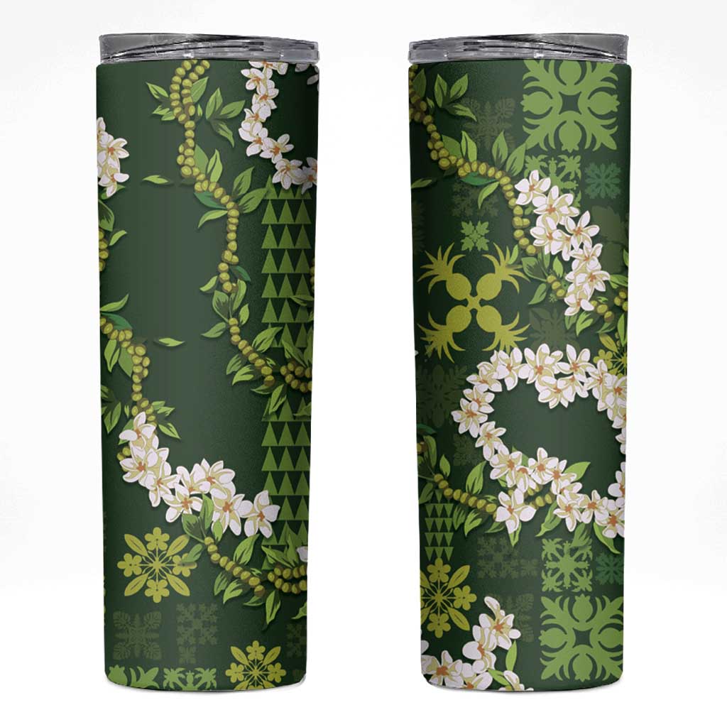 Mokihana Maile and Ilima Leis Skinny Tumbler Omaʻomaʻo Hawaiian Tapa Quilt Pattern LT9 Green - Polynesian Pride