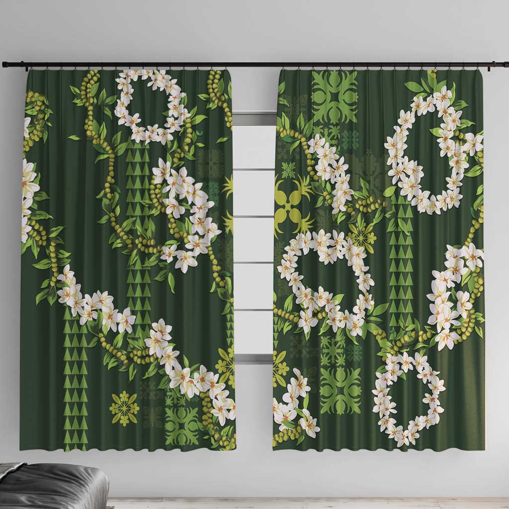 Mokihana Maile and Ilima Leis Window Curtain Omaʻomaʻo Hawaiian Tapa Quilt Pattern LT9 With Hooks Green - Polynesian Pride