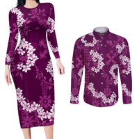 Mokihana Maile and Ilima Leis Couples Matching Long Sleeve Bodycon Dress and Long Sleeve Button Shirt Akala Hawaiian Tapa Quilt Pattern - Polynesian Pride