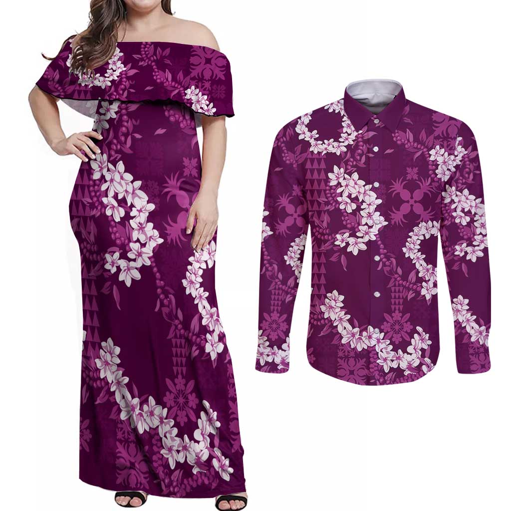 Mokihana Maile and Ilima Leis Couples Matching Off Shoulder Maxi Dress and Long Sleeve Button Shirt Akala Hawaiian Tapa Quilt Pattern - Polynesian Pride