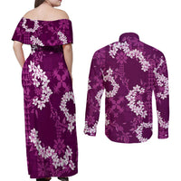 Mokihana Maile and Ilima Leis Couples Matching Off Shoulder Maxi Dress and Long Sleeve Button Shirt Akala Hawaiian Tapa Quilt Pattern - Polynesian Pride