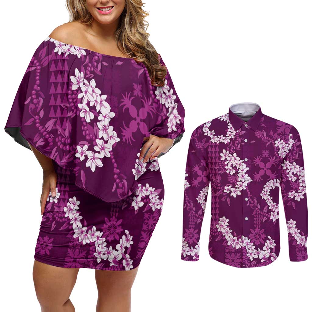 Mokihana Maile and Ilima Leis Couples Matching Off Shoulder Short Dress and Long Sleeve Button Shirt Akala Hawaiian Tapa Quilt Pattern - Polynesian Pride