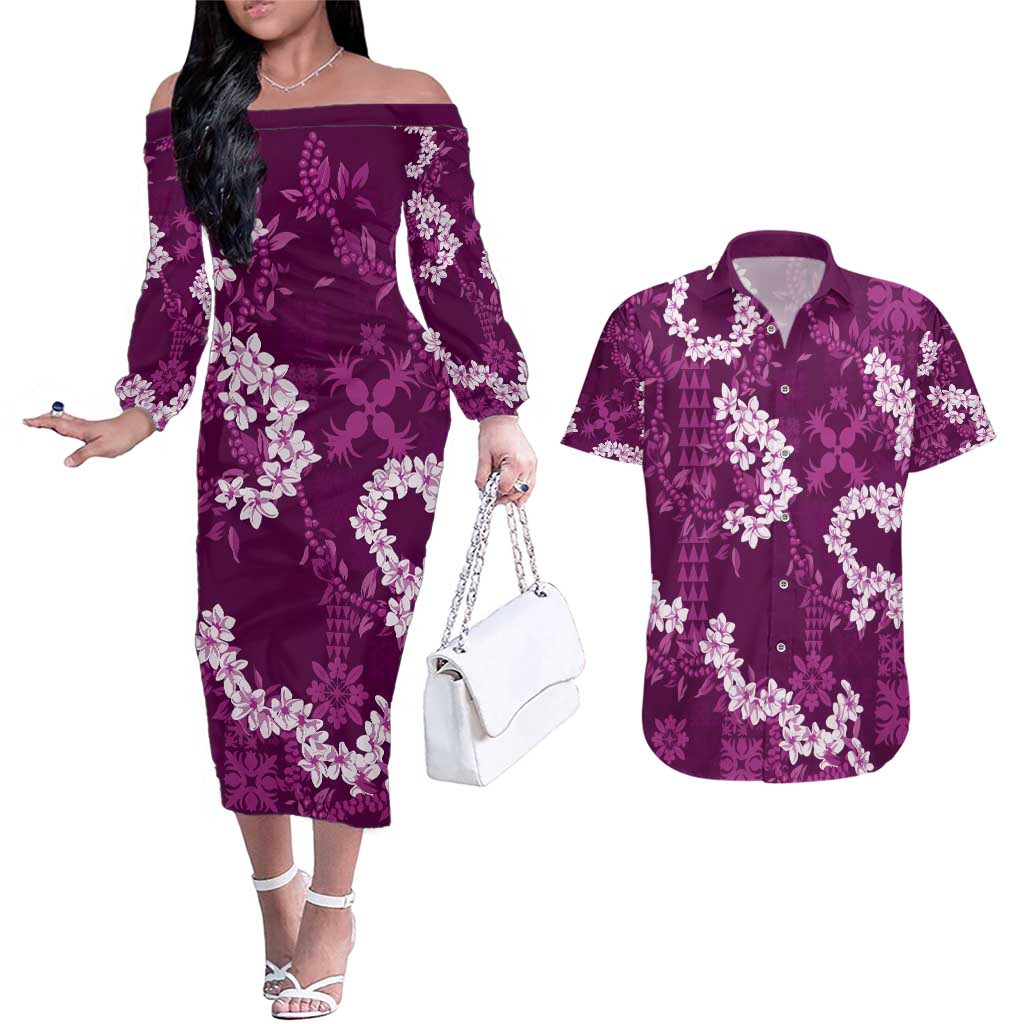 Mokihana Maile and Ilima Leis Couples Matching Off The Shoulder Long Sleeve Dress and Hawaiian Shirt Akala Hawaiian Tapa Quilt Pattern - Polynesian Pride