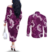 Mokihana Maile and Ilima Leis Couples Matching Off The Shoulder Long Sleeve Dress and Long Sleeve Button Shirt Akala Hawaiian Tapa Quilt Pattern - Polynesian Pride