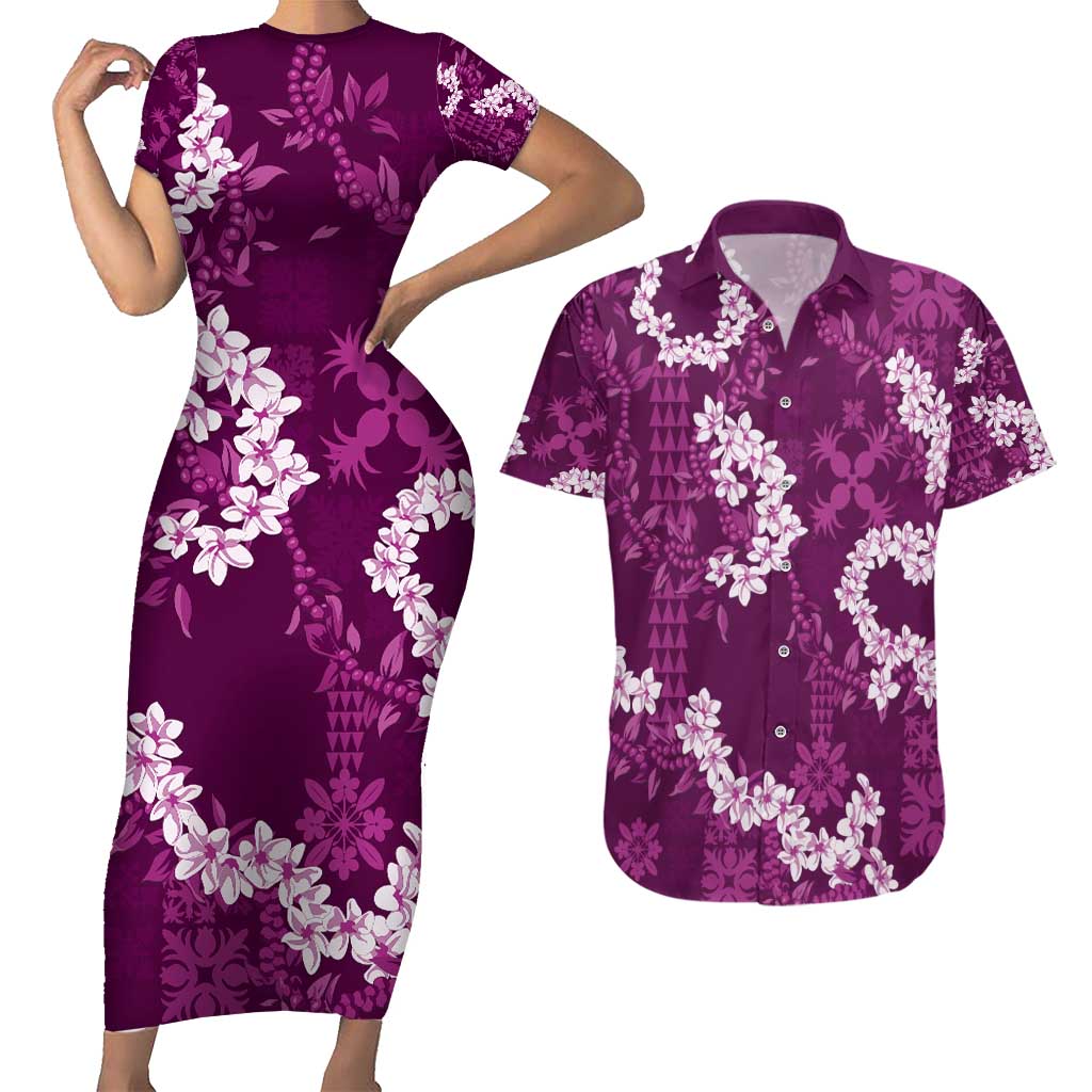 Mokihana Maile and Ilima Leis Couples Matching Short Sleeve Bodycon Dress and Hawaiian Shirt Akala Hawaiian Tapa Quilt Pattern - Polynesian Pride