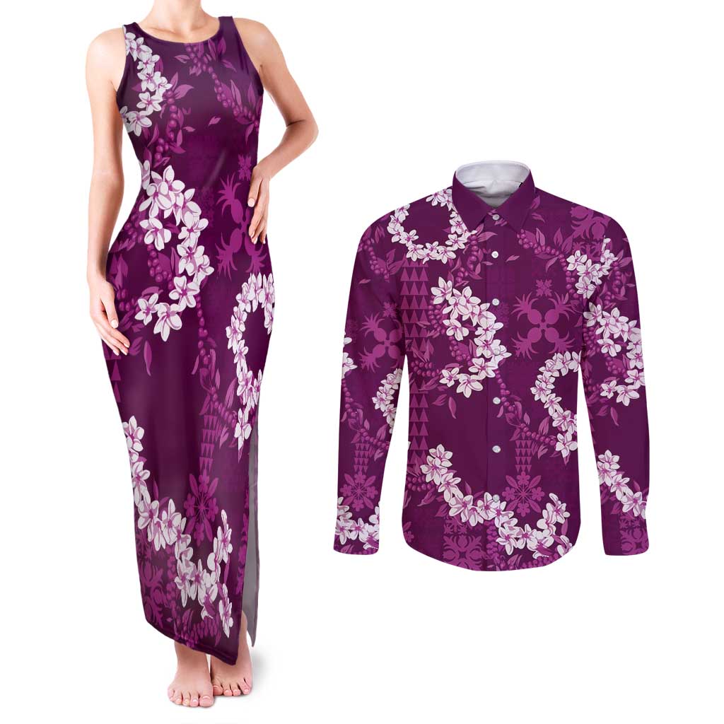 Mokihana Maile and Ilima Leis Couples Matching Tank Maxi Dress and Long Sleeve Button Shirt Akala Hawaiian Tapa Quilt Pattern - Polynesian Pride