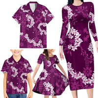 Mokihana Maile and Ilima Leis Family Matching Long Sleeve Bodycon Dress and Hawaiian Shirt Akala Hawaiian Tapa Quilt Pattern - Polynesian Pride