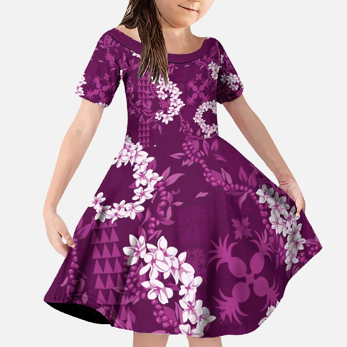 Mokihana Maile and Ilima Leis Family Matching Off The Shoulder Long Sleeve Dress and Hawaiian Shirt Akala Hawaiian Tapa Quilt Pattern - Polynesian Pride