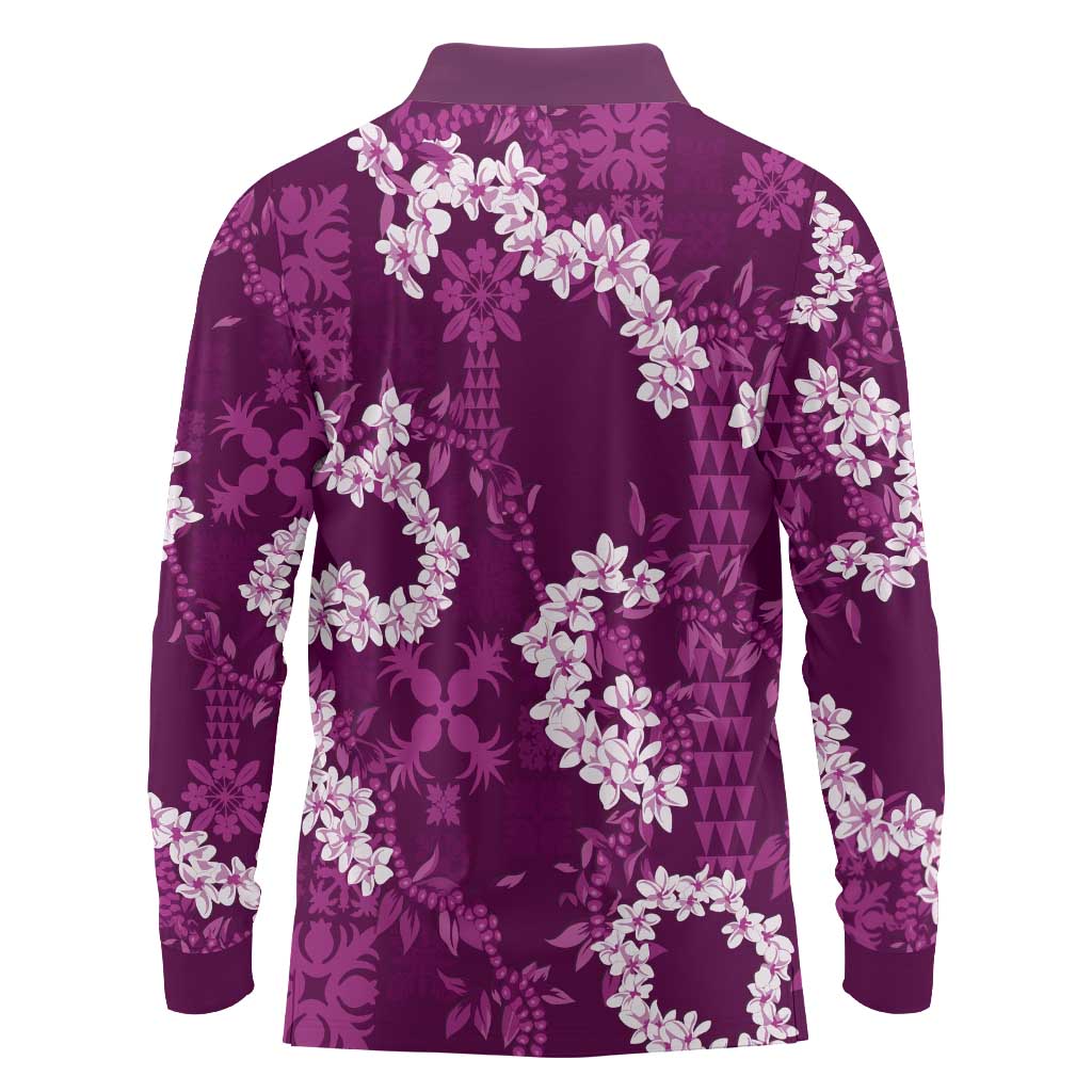 Mokihana Maile and Ilima Leis Long Sleeve Polo Shirt Akala Hawaiian Tapa Quilt Pattern - Polynesian Pride