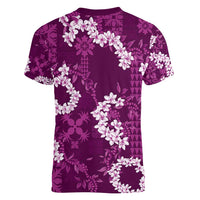 Mokihana Maile and Ilima Leis Women V-Neck T-Shirt Akala Hawaiian Tapa Quilt Pattern - Polynesian Pride