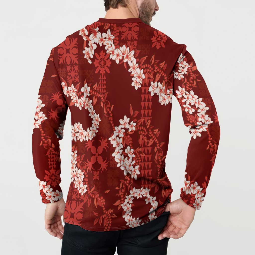 Mokihana Maile and Ilima Leis Button Sweatshirt Ulaʻula Hawaiian Tapa Quilt Pattern - Polynesian Pride