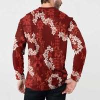 Mokihana Maile and Ilima Leis Button Sweatshirt Ulaʻula Hawaiian Tapa Quilt Pattern - Polynesian Pride