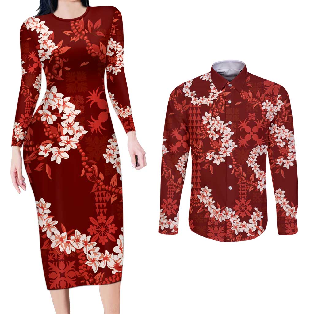 Mokihana Maile and Ilima Leis Couples Matching Long Sleeve Bodycon Dress and Long Sleeve Button Shirt Ulaʻula Hawaiian Tapa Quilt Pattern - Polynesian Pride