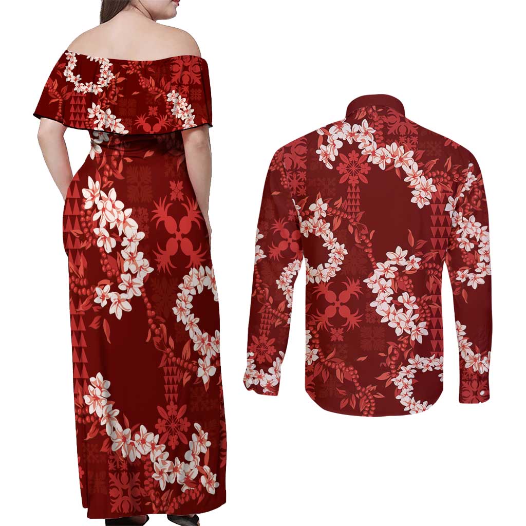 Mokihana Maile and Ilima Leis Couples Matching Off Shoulder Maxi Dress and Long Sleeve Button Shirt Ulaʻula Hawaiian Tapa Quilt Pattern - Polynesian Pride