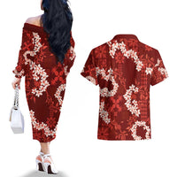 Mokihana Maile and Ilima Leis Couples Matching Off The Shoulder Long Sleeve Dress and Hawaiian Shirt Ulaʻula Hawaiian Tapa Quilt Pattern - Polynesian Pride