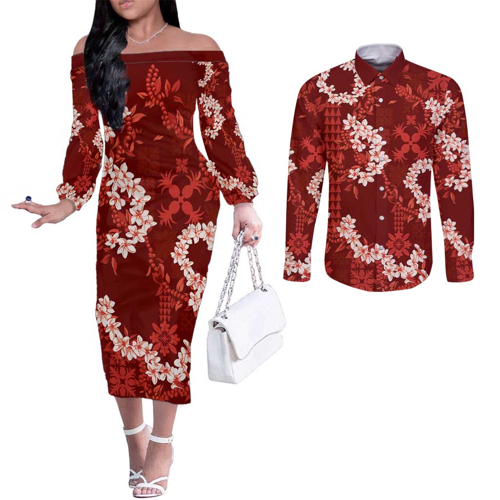 Mokihana Maile and Ilima Leis Couples Matching Off The Shoulder Long Sleeve Dress and Long Sleeve Button Shirt Ulaʻula Hawaiian Tapa Quilt Pattern - Polynesian Pride