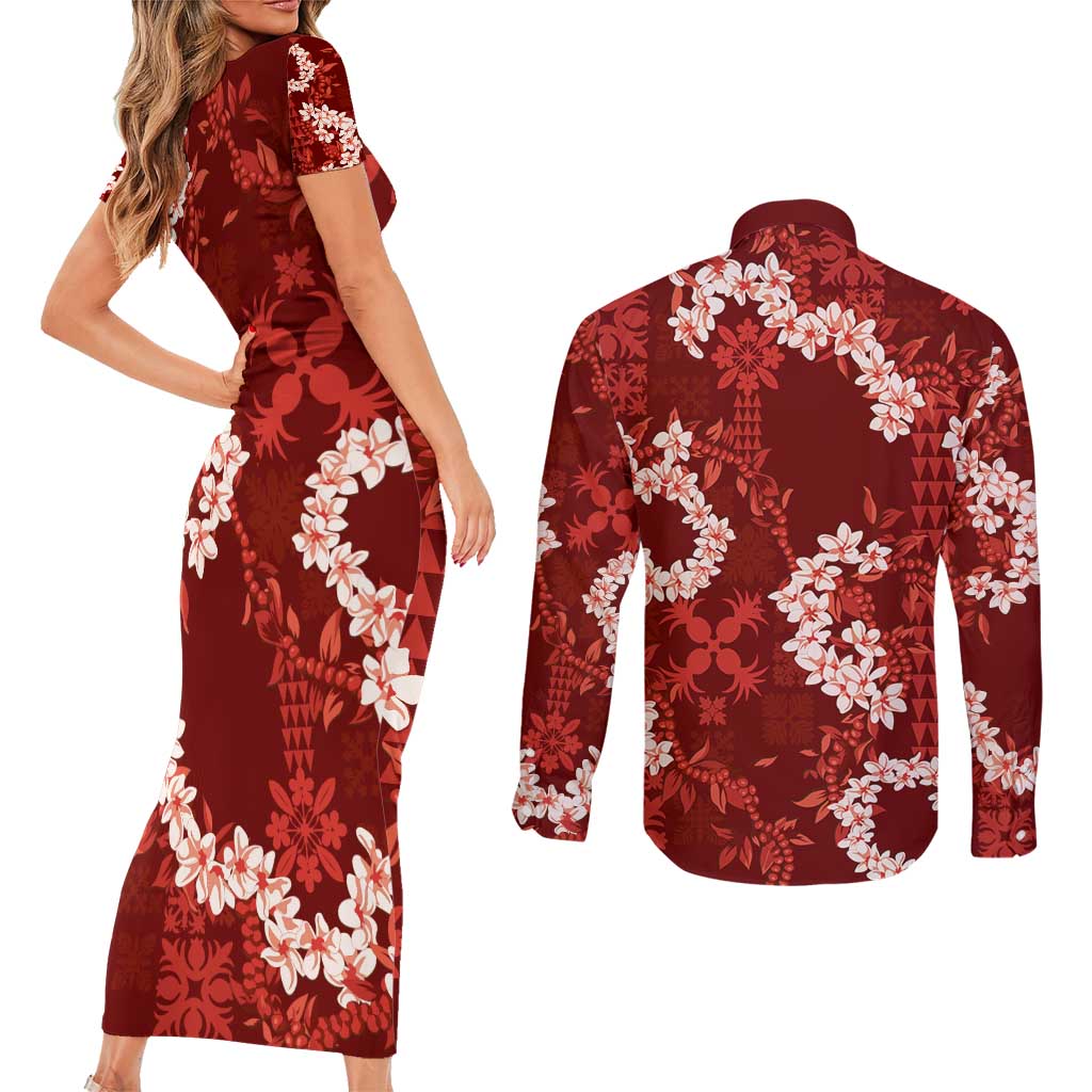 Mokihana Maile and Ilima Leis Couples Matching Short Sleeve Bodycon Dress and Long Sleeve Button Shirt Ulaʻula Hawaiian Tapa Quilt Pattern - Polynesian Pride