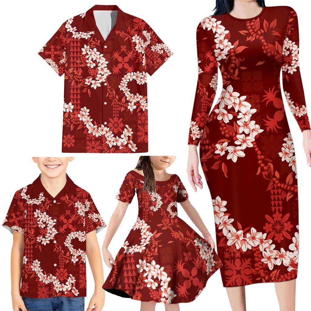 Mokihana Maile and Ilima Leis Family Matching Long Sleeve Bodycon Dress and Hawaiian Shirt Ulaʻula Hawaiian Tapa Quilt Pattern - Polynesian Pride