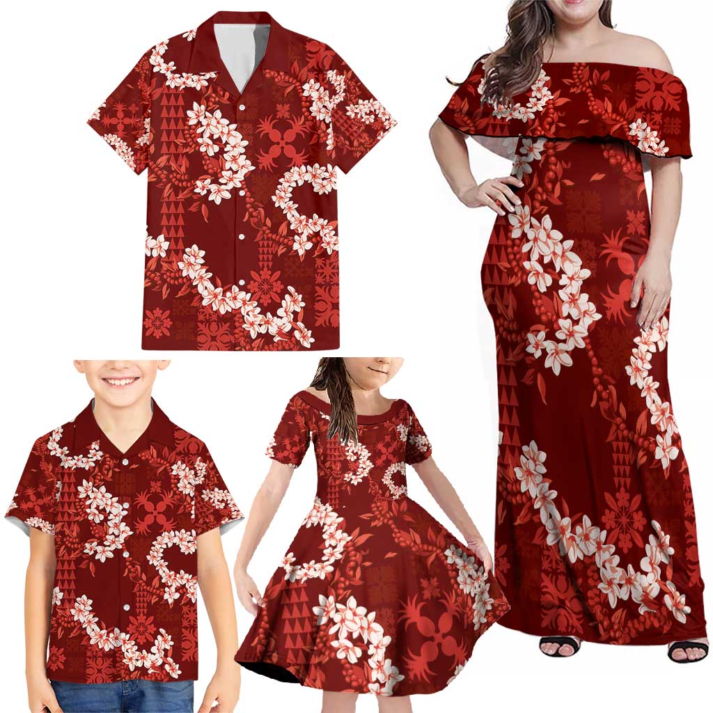Mokihana Maile and Ilima Leis Family Matching Off Shoulder Maxi Dress and Hawaiian Shirt Ulaʻula Hawaiian Tapa Quilt Pattern - Polynesian Pride