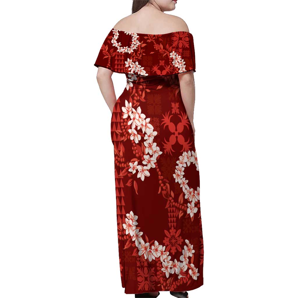Mokihana Maile and Ilima Leis Family Matching Off Shoulder Maxi Dress and Hawaiian Shirt Ulaʻula Hawaiian Tapa Quilt Pattern - Polynesian Pride