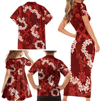 Mokihana Maile and Ilima Leis Family Matching Short Sleeve Bodycon Dress and Hawaiian Shirt Ulaʻula Hawaiian Tapa Quilt Pattern - Polynesian Pride