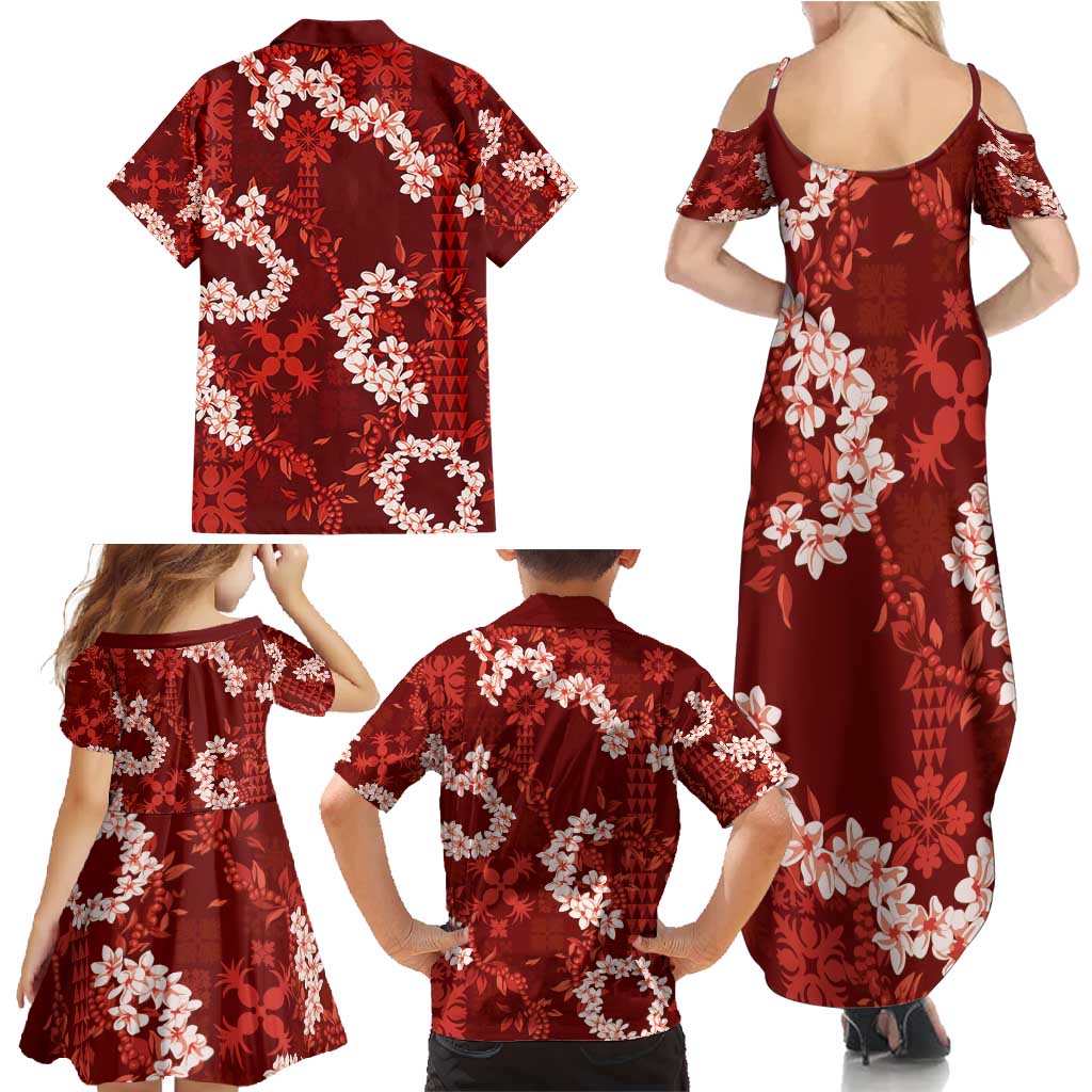 Mokihana Maile and Ilima Leis Family Matching Summer Maxi Dress and Hawaiian Shirt Ulaʻula Hawaiian Tapa Quilt Pattern - Polynesian Pride