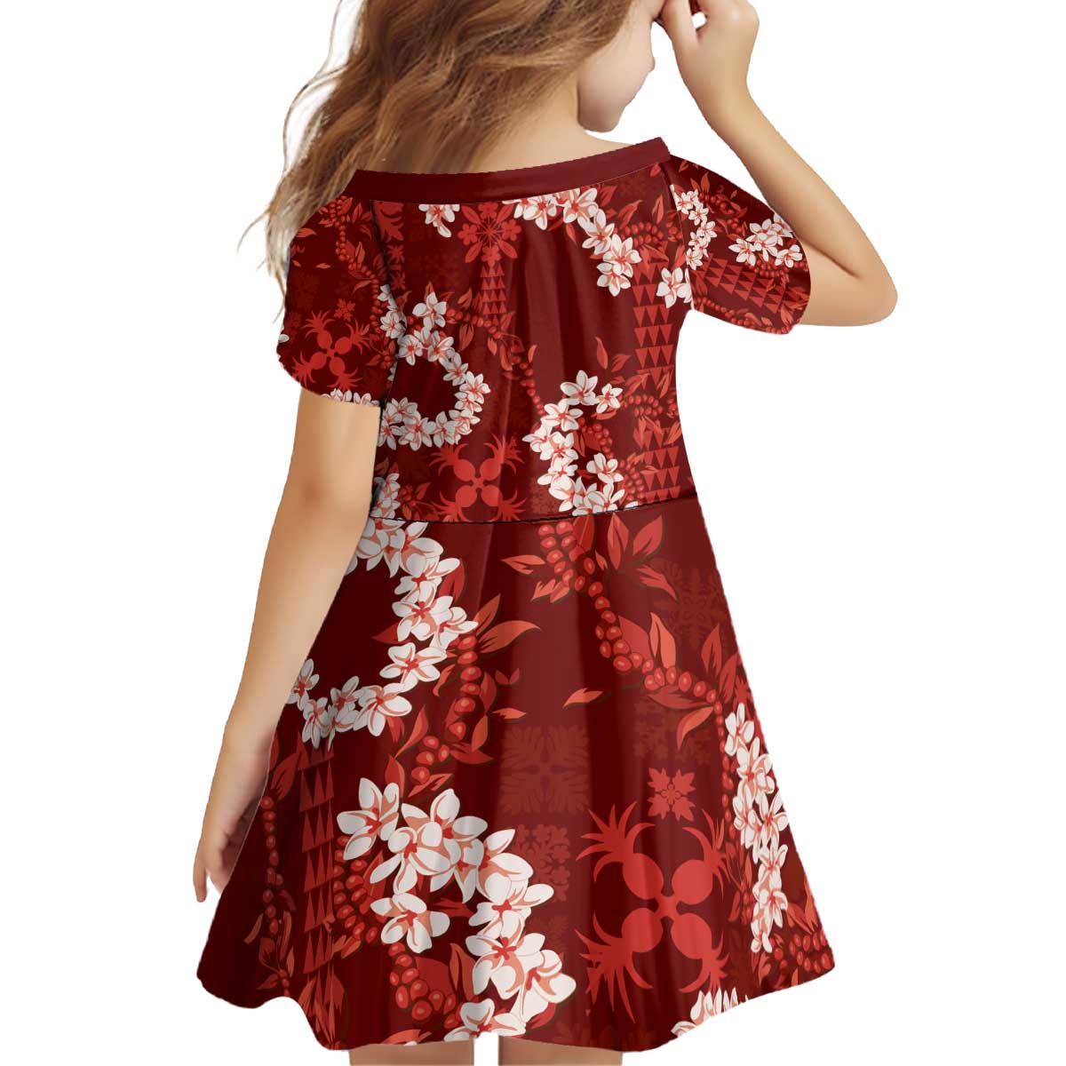 Mokihana Maile and Ilima Leis Kid Short Sleeve Dress Ulaʻula Hawaiian Tapa Quilt Pattern - Polynesian Pride