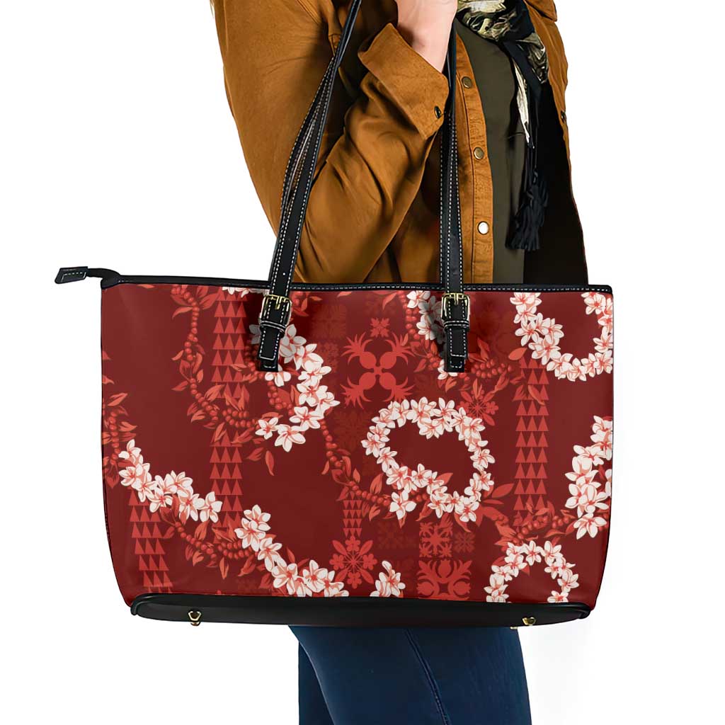 Mokihana Maile and Ilima Leis Leather Tote Bag Ulaʻula Hawaiian Tapa Quilt Pattern - Polynesian Pride