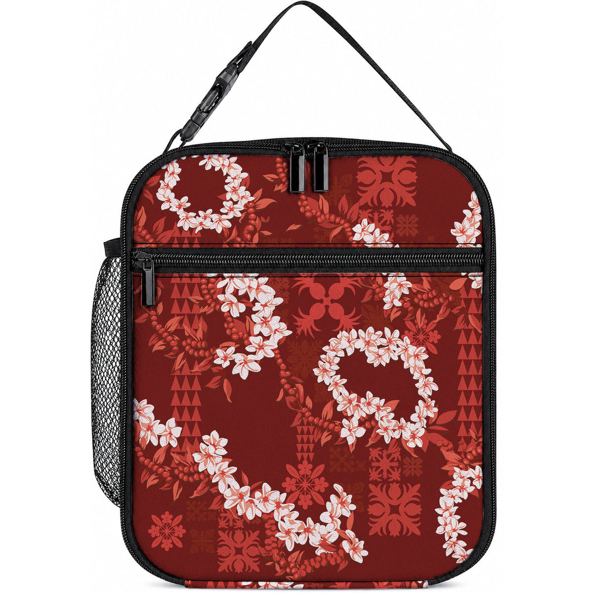 Mokihana Maile and Ilima Leis Lunch Bag Ulaʻula Hawaiian Tapa Quilt Pattern LT9 10.2 × 8.3 × 4.3 inch Red - Polynesian Pride